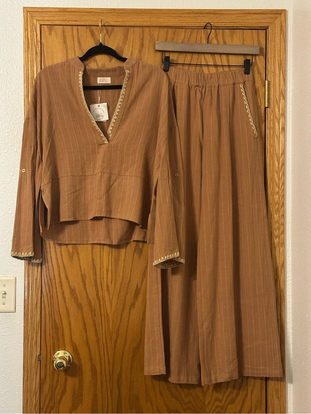 Nekane Linen Blend Trouser & Top Set - Carmel w/ Pinstipes - NWT - Size M